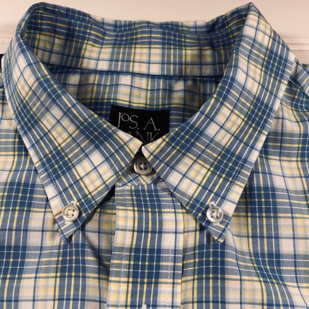 Jos. A. Bank Traveler's Collection Short Sleeve Plaid Shirt Men's XL Blue Yellow